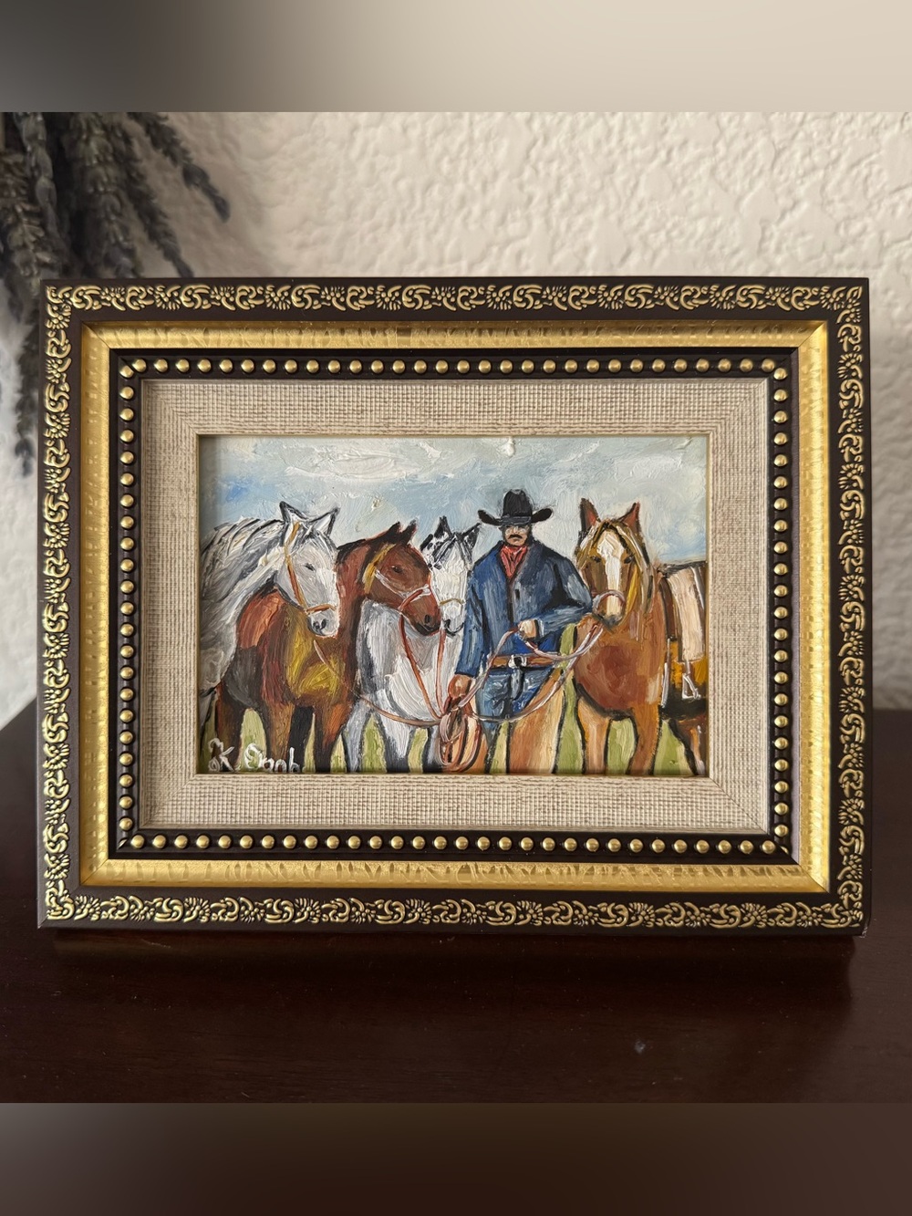 Original oil painting western cowboy horses signed framed 5x7 inches